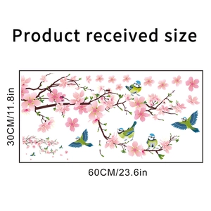 Detailed size chart for vinyl wall decal with pink cherry blossom and blue bird designs