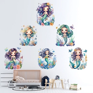 Adesivi Murali Sirena Cartone Animato Acquerello Oceano Mondo Marino PVC Impermeabili per Camera Bambini Soggiorno Decorazione