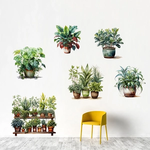 Green Potted Plants Leaves Vase Self Adhesive Wall Sticker Modern Minimalist PVC Waterproof Mural For Living Room Bedroom