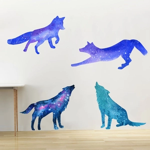 Starry sky galaxy wolf and fox silhouettes wall stickers for living room decor