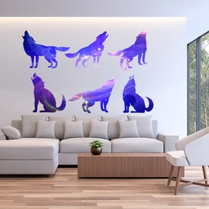 Starry sky wolf silhouette wall stickers set with galaxy pattern for living room decor