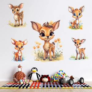 Lot de cinq stickers muraux cerfs mignons pour chambre d'enfant avec décors de jouets colorés