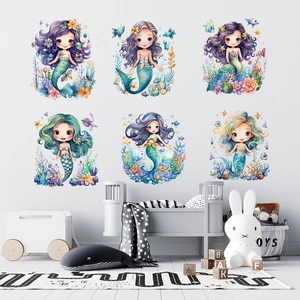 Adesivi murali sirena cartone animato con sei personaggi colorati per camera dei bambini