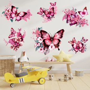 Stickers muraux autocollants de papillons roses et fleurs pour salon et chambre d'enfant