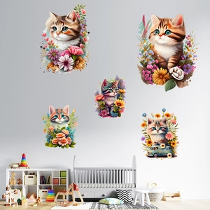 Bunte Katzen- und Blumenwandaufkleber Set für die Dekoration von Kinderzimmern