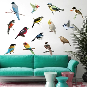 Detailed realistic bird wall stickers including parrots and bluebirds for interior decoration