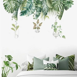 Stickers muraux feuilles tropicales vertes et vases suspendus pour déco de chambre