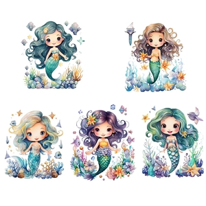 Watercolor mermaid wall decals with sea stars and corals for kids room decoration