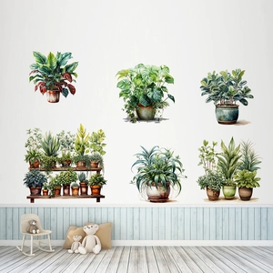 Green leaf potted plant wall stickers set for living room decor with watercolor plants