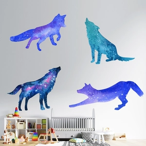 Starry sky wolf and fox silhouette wall stickers for a cozy nursery or bedroom decor