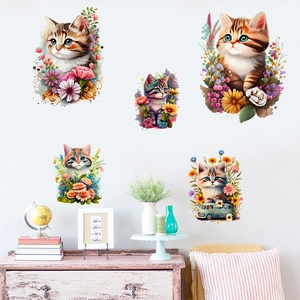 Süße Katze Und Blume PVC Wandaufkleber Wasserdicht Selbstklebend DIY Aufkleber Für Kinderzimmer Schlafzimmer Wanddekoration