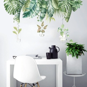 Stickers Muraux Plantes Vertes Tropicales Vases en Verre Imperméables en PVC Murale Décorative pour Salon Chambre Maison