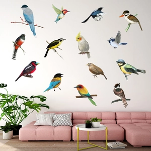 Realistic colorful bird wall stickers set featuring parrots on branch for living room
