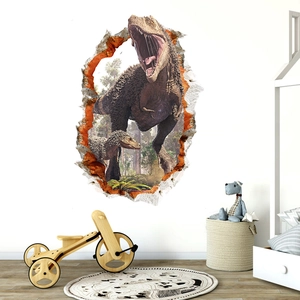 Detailed 3D visual wall sticker showing a T-Rex breaking through a wall for kids room decor