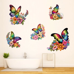 Colorful butterfly and flower wall decals set for modern bathroom and bedroom decoration