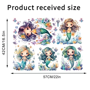 Cartoon mermaid wall decal sheet with seaweed and starfish measuring 42cm by 57cm