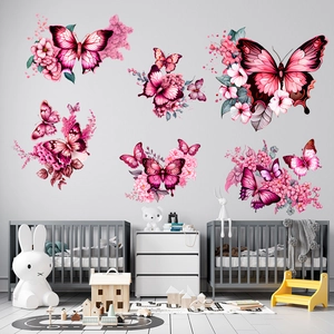 Stickers muraux papillons et fleurs roses à l'aquarelle pour chambre d'enfant