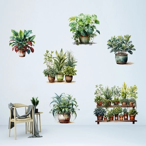 Close-up of high-quality tropical plant wall decals with monstera and succulent patterns