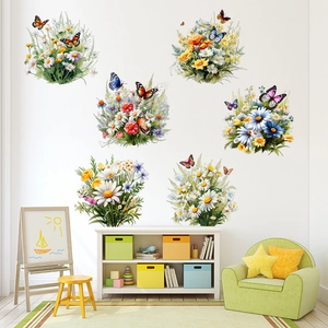 Vibrant wildflower and butterfly self-adhesive wall decals for living room decoration