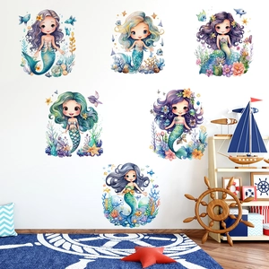 Adesivi murali sirena acquerello con creature marine per decoro camera dei bambini