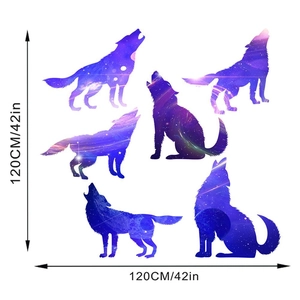 Detail view of starry wolf wall stickers showing six poses and dimensions 120cm x 120cm