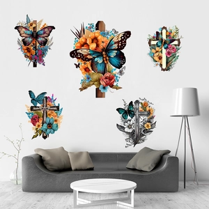 Five-piece butterfly cross and floral self-adhesive wall decals for home living room decor