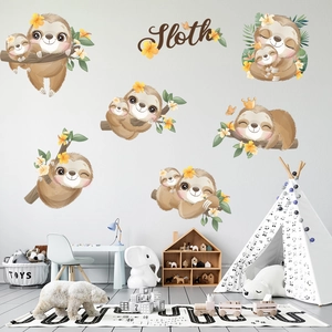 Cartoon sloth wall stickers set with floral Sloth text for nursery and kids room decor