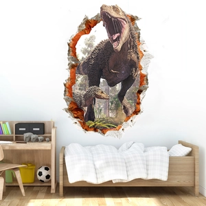 Detail of 3D dinosaur wall sticker with T-Rex breaking through wall for kids' bedroom