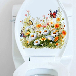 Détail de sticker WC fleuri avec marguerites aquarelles et papillons colorés