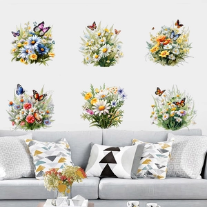 Green plants and wildflowers self-adhesive wall stickers with butterflies for living room decor