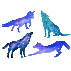 Starry sky wolf silhouette vinyl wall decals with galaxy watercolor texture for home decor