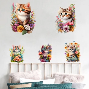 5er-Set farbenfrohe Katzen- und Blumen-Wandtattoos für gemütliche Kinderzimmer Deko