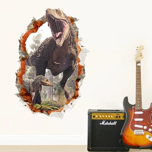Detail of 3D dinosaur wall decal showing a T-Rex breaking through a rock wall on white surface