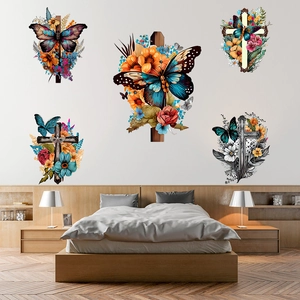 5-piece set of colorful butterfly and cross wall decals for living room bedroom decor