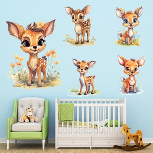 Stickers muraux faon aquarelle avec fleurs et herbe pour chambre d'enfant