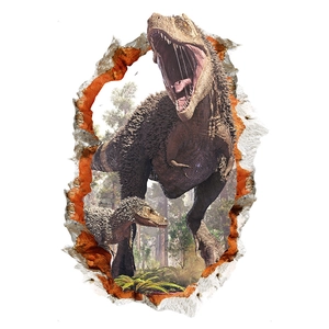 3D T-Rex wall sticker detail showing the realistic cracked wall and prehistoric forest