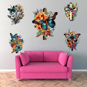 Detail of five 3D butterfly cross floral wall stickers on a grey living room wall