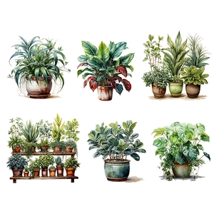 Self-adhesive wall sticker featuring diverse green potted plants in ceramic vases