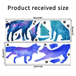 Detailed size specification for starry galaxy wolf wall stickers measuring 90x30cm