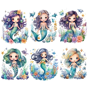 Adesivi murali a sirena autoadesivi con sei motivi oceanici colorati per decorazione