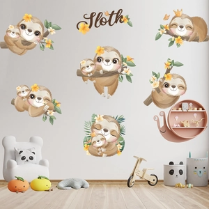 Self-adhesive sloth wall decals for kids bedroom with cute branch and floral accents