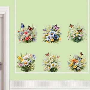 Detail of six floral wall decals featuring colorful butterflies and blooming wildflowers