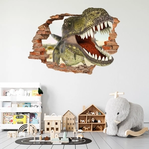 Detailed 3D dinosaur wall decal showing a T-Rex breaking through a brick wall in a kid's room