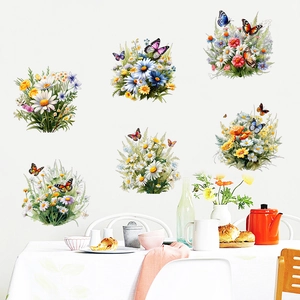 Greenery wildflowers and butterflies self-adhesive wall decals for living room decoration