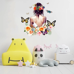Self-adhesive wall decal of girl with flowers and butterflies for living room and bedroom decor