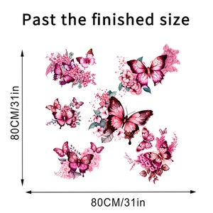 Détail de stickers muraux papillons et fleurs roses, dimensions 80x80cm