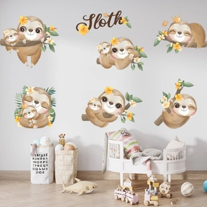 Cartoon sloth family wall stickers with Sloth lettering for kids room nursery decor