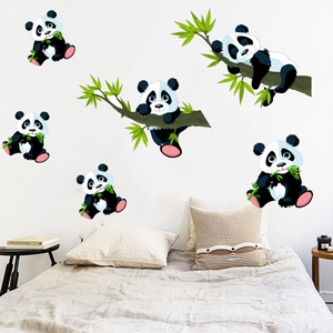 Detailed wall sticker set featuring five cute cartoon pandas eating bamboo and climbing trees