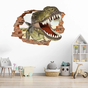 3D realistic T-Rex wall sticker with broken brick effect for kids room home decor