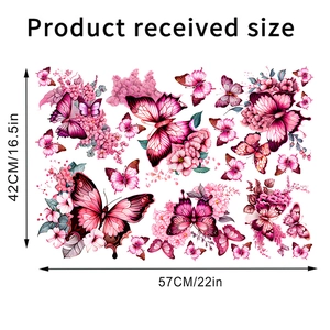 Sticker mural papillons roses et fleurs montrant la taille reçue de 42x57cm